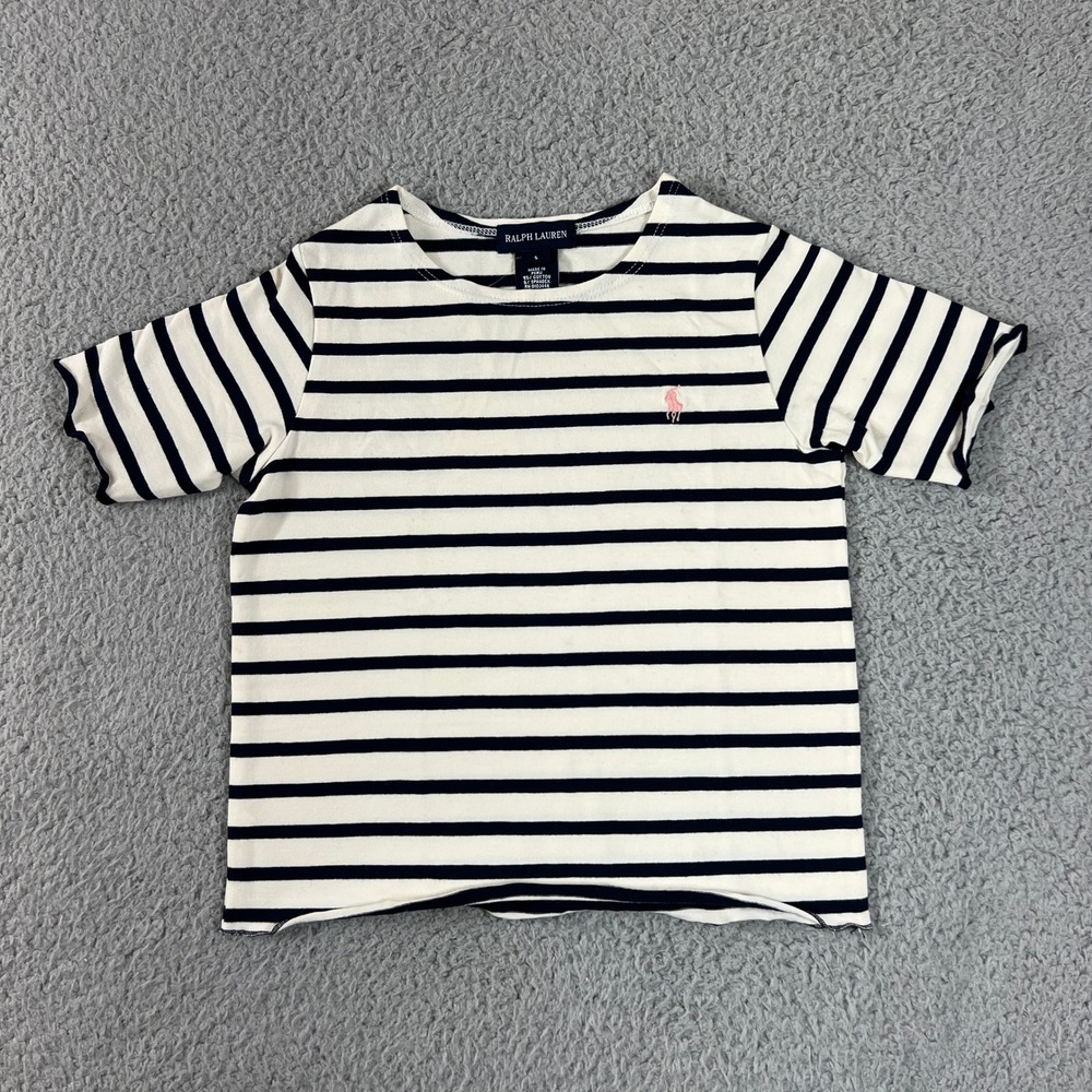 Ralph Lauren Striped T-Shirt Girls Size 5 Navy White Pink Pony Lettuce Trim NWT - Picture 1 of 9
